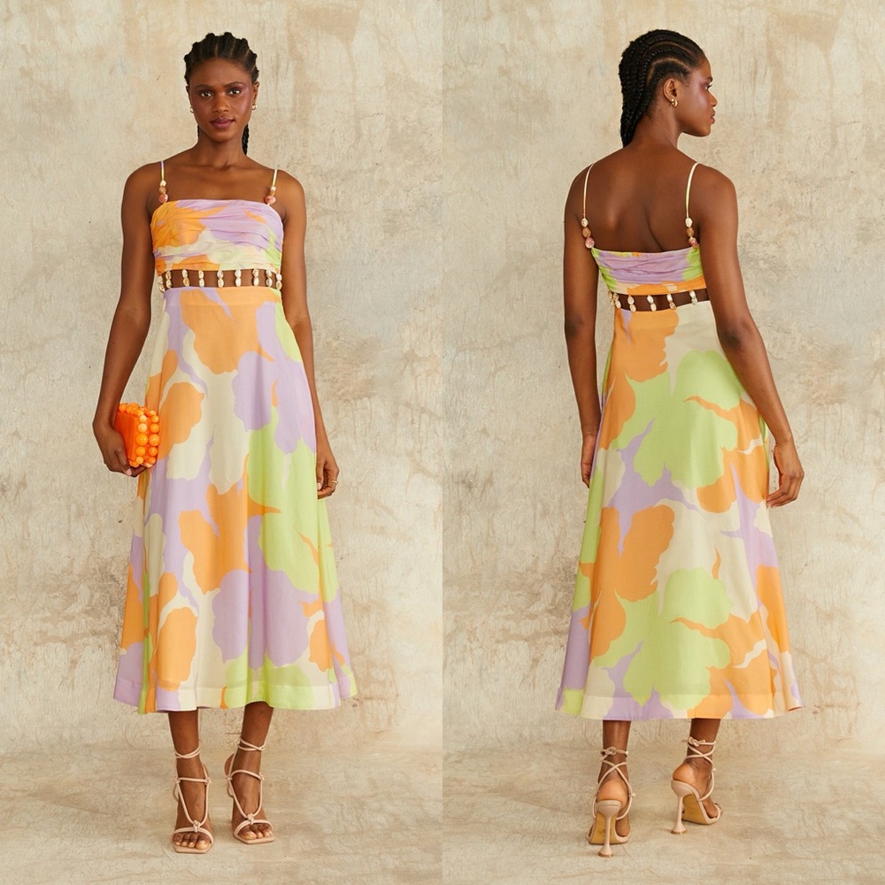 AMUR Strappy Midi Dress in Orange, Lavender, Lime
